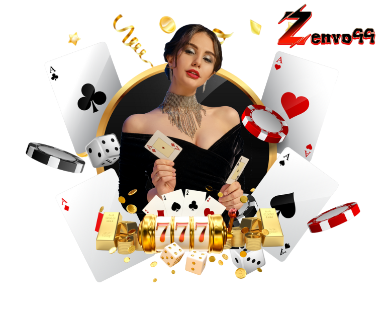ภาพโปรโมต ZENVO99 โทนหรู นางแบบสวมชุดดำถือไพ่เอซ รายล้อมด้วยไพ่ ชิป ลูกเต๋า เหรียญทอง และสัญลักษณ์สล็อต 777 สื่อถึงเกมโต๊ะและสล็อตจ่ายจริง
